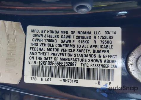 2014 Honda Civic Lx from USA, damaged, VIN 19XFB2F55EE232997